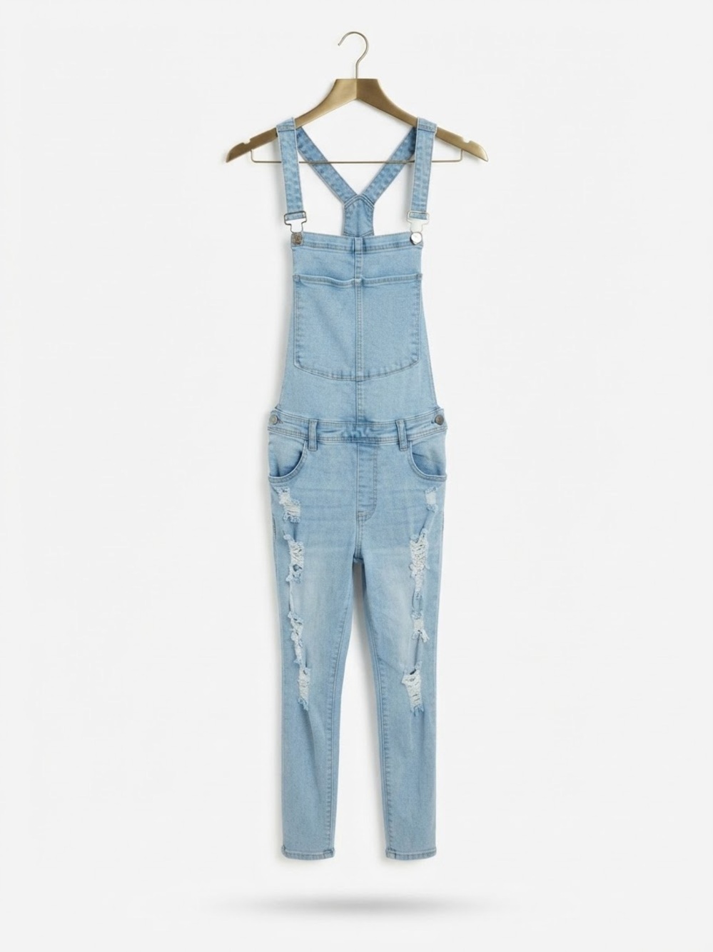 Light Wash Distressed Denim Overalls Jumpsuit